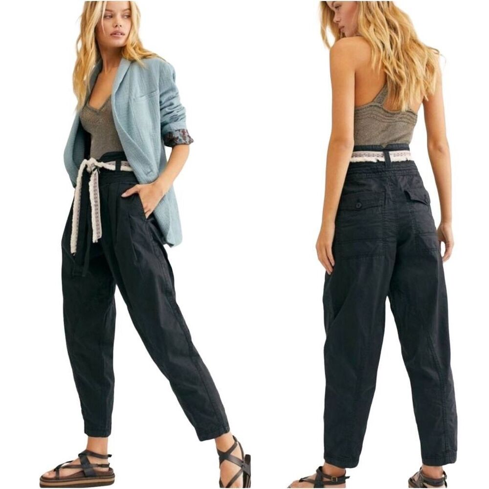Free People Navy High-Waist Cargo Trousers